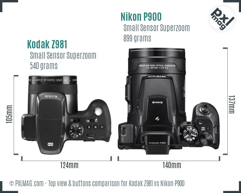 Kodak Z981 vs Nikon P900 top view buttons comparison