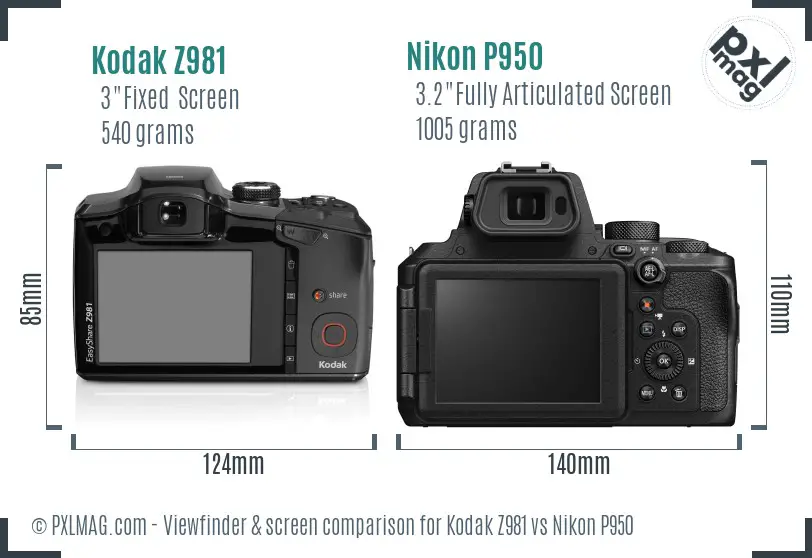 Kodak Z981 vs Nikon P950 Screen and Viewfinder comparison