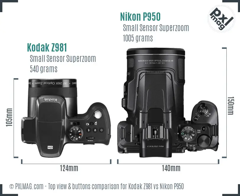 Kodak Z981 vs Nikon P950 top view buttons comparison