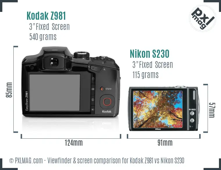 Kodak Z981 vs Nikon S230 Screen and Viewfinder comparison