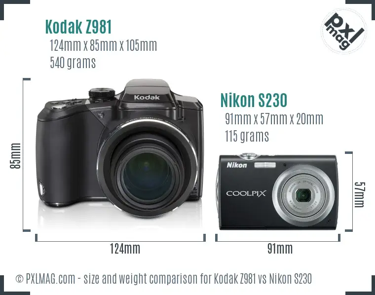 Kodak Z981 vs Nikon S230 size comparison