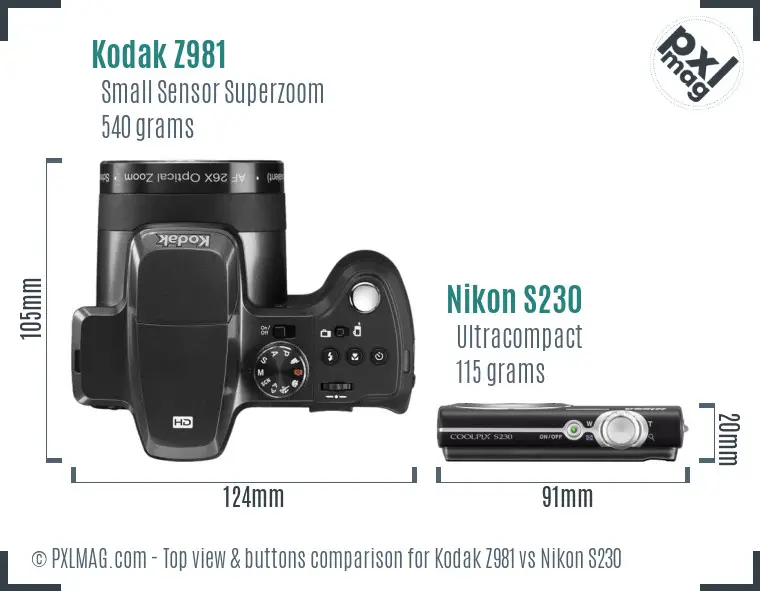 Kodak Z981 vs Nikon S230 top view buttons comparison
