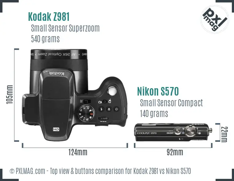 Kodak Z981 vs Nikon S570 top view buttons comparison