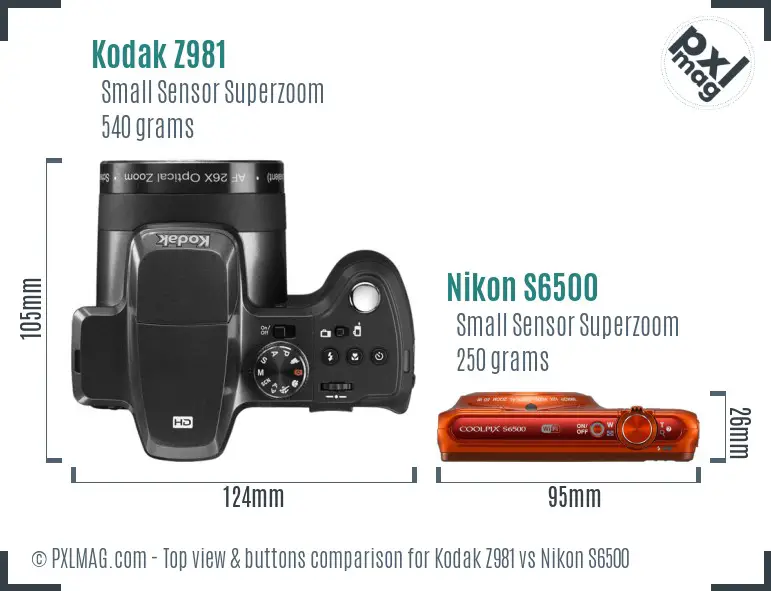 Kodak Z981 vs Nikon S6500 top view buttons comparison