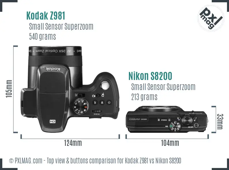 Kodak Z981 vs Nikon S8200 top view buttons comparison