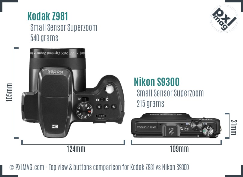 Kodak Z981 vs Nikon S9300 top view buttons comparison