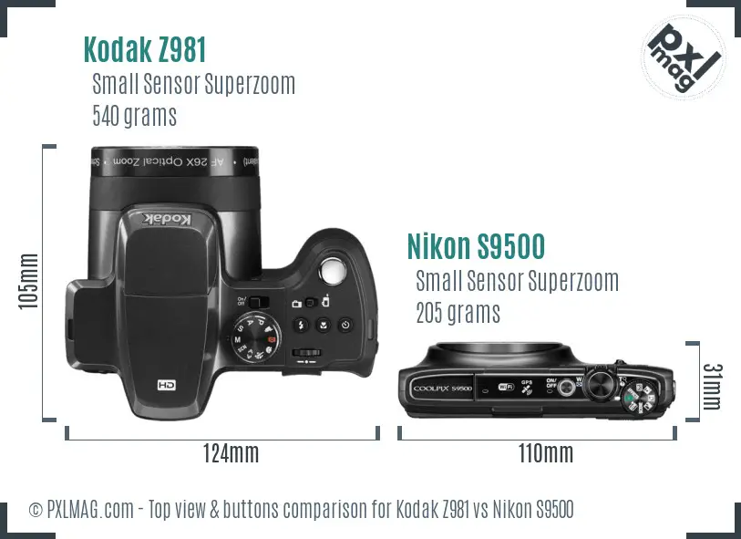 Kodak Z981 vs Nikon S9500 top view buttons comparison