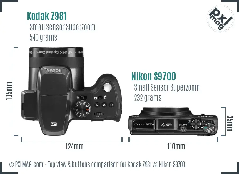 Kodak Z981 vs Nikon S9700 top view buttons comparison