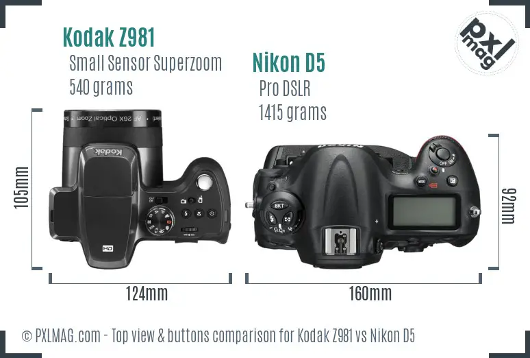 Kodak Z981 vs Nikon D5 top view buttons comparison