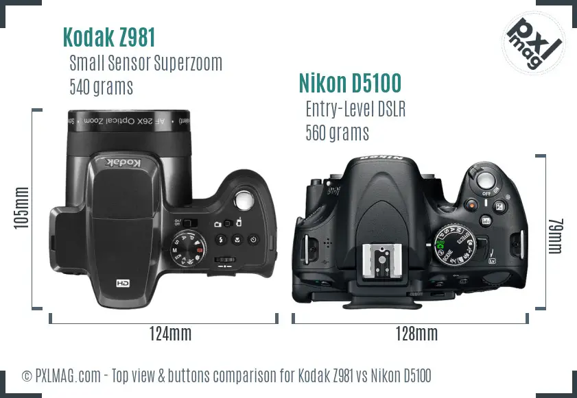Kodak Z981 vs Nikon D5100 top view buttons comparison Kodak Z981 vs Nikon D5100 top view buttons comparison