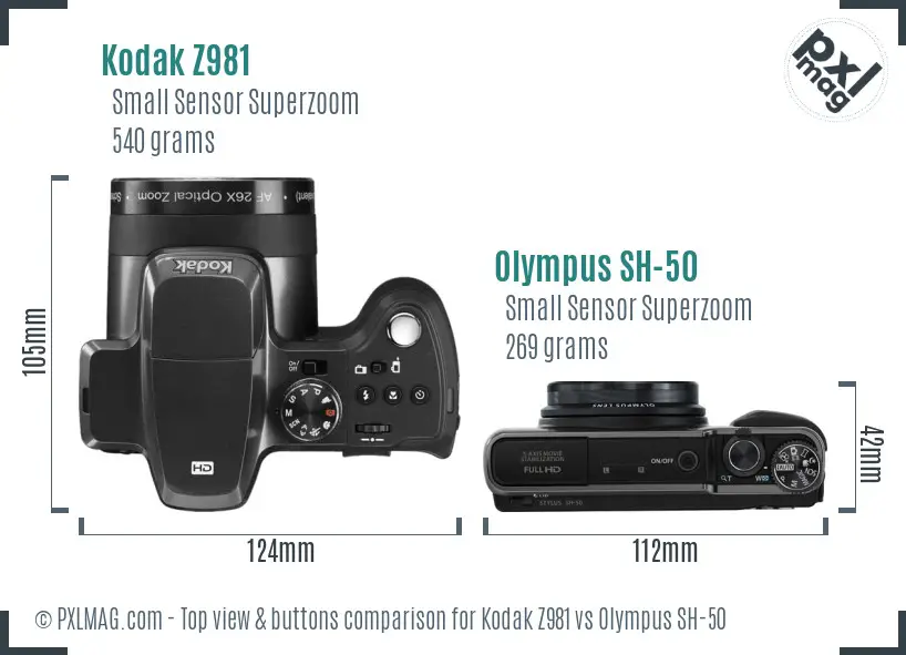 Kodak Z981 vs Olympus SH-50 top view buttons comparison