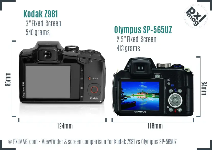 Kodak Z981 vs Olympus SP-565UZ Screen and Viewfinder comparison