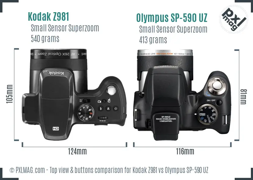 Kodak Z981 vs Olympus SP-590 UZ top view buttons comparison Kodak Z981 vs Olympus SP-590 UZ top view buttons comparison
