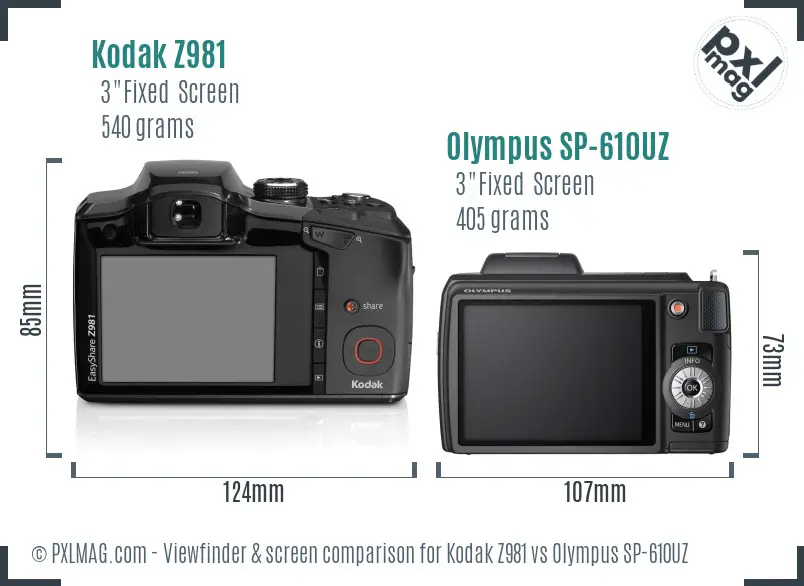 Kodak Z981 vs Olympus SP-610UZ Screen and Viewfinder comparison