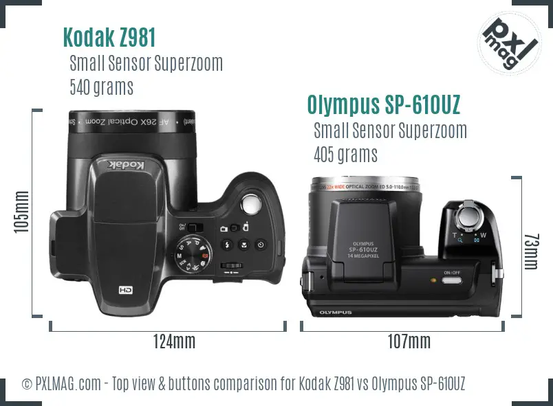 Kodak Z981 vs Olympus SP-610UZ top view buttons comparison
