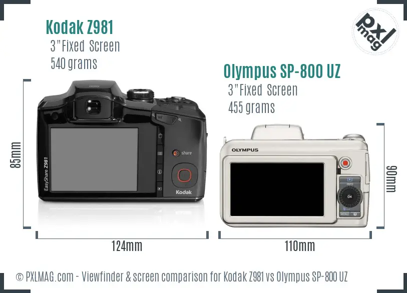 Kodak Z981 vs Olympus SP-800 UZ Screen and Viewfinder comparison