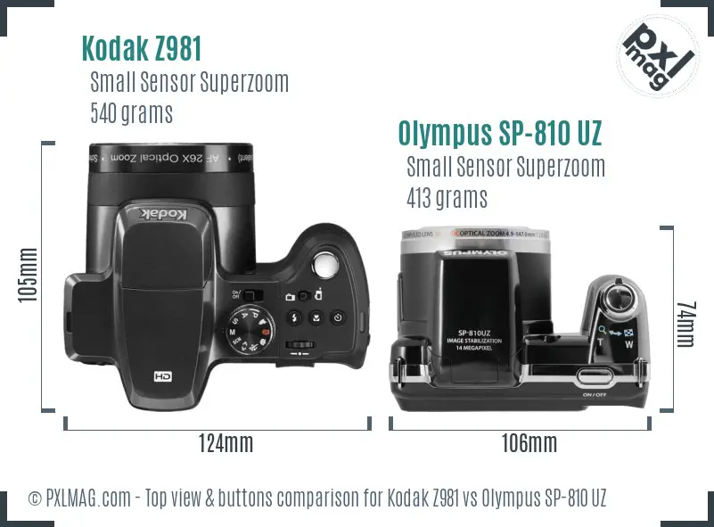 Kodak Z981 vs Olympus SP-810 UZ top view buttons comparison