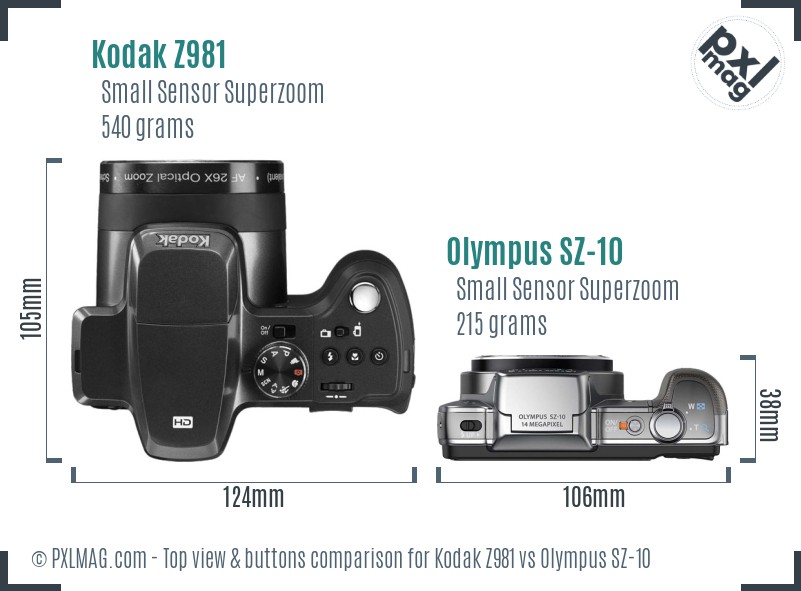 Kodak Z981 vs Olympus SZ-10 top view buttons comparison