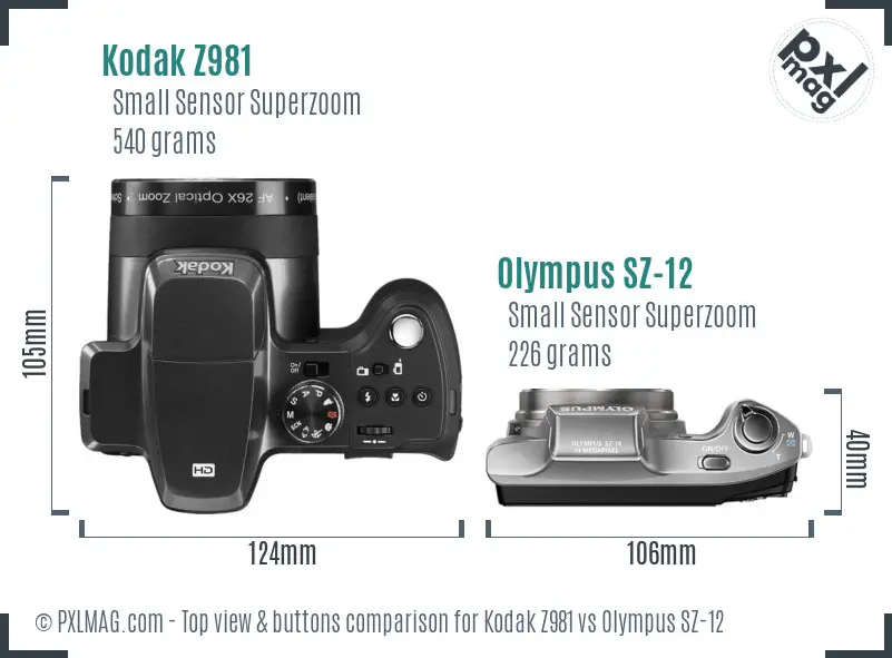 Kodak Z981 vs Olympus SZ-12 top view buttons comparison