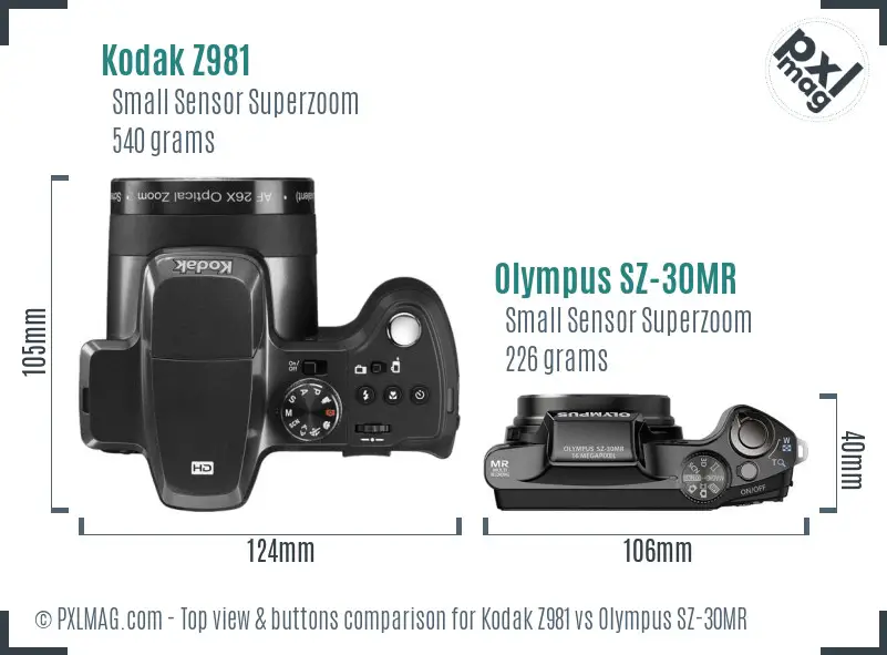 Kodak Z981 vs Olympus SZ-30MR top view buttons comparison Kodak Z981 vs Olympus SZ-30MR top view buttons comparison