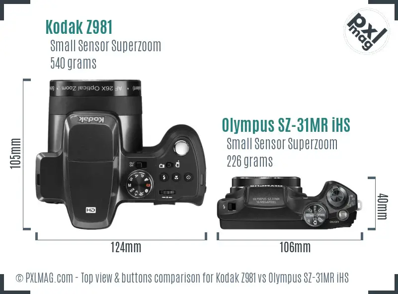 Kodak Z981 vs Olympus SZ-31MR iHS top view buttons comparison