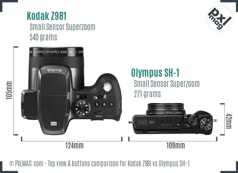 Kodak Z981 vs Olympus SH-1 top view buttons comparison