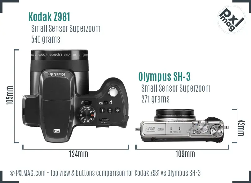 Kodak Z981 vs Olympus SH-3 top view buttons comparison