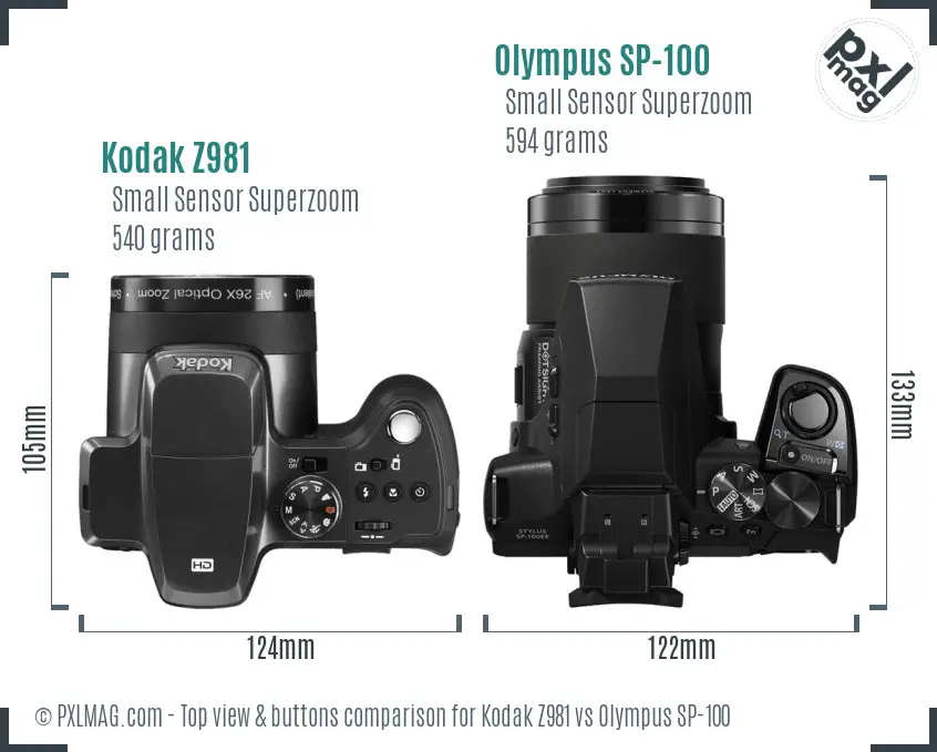 Kodak Z981 vs Olympus SP-100 top view buttons comparison
