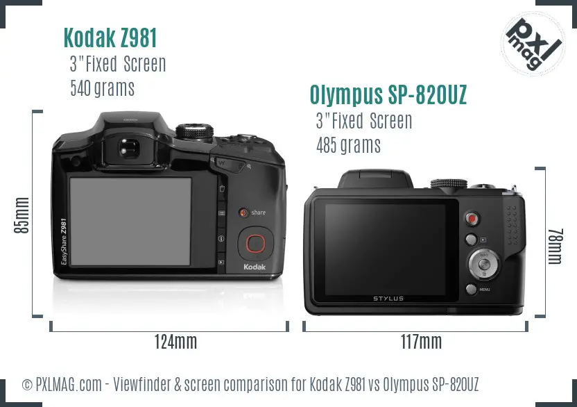 Kodak Z981 vs Olympus SP-820UZ Screen and Viewfinder comparison