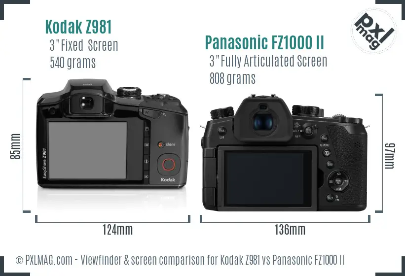 Kodak Z981 vs Panasonic FZ1000 II Screen and Viewfinder comparison