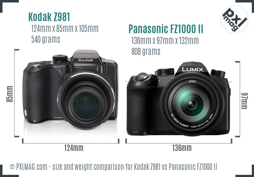 Kodak Z981 vs Panasonic FZ1000 II size comparison