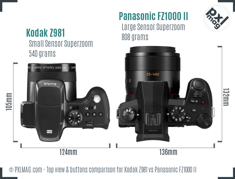 Kodak Z981 vs Panasonic FZ1000 II top view buttons comparison