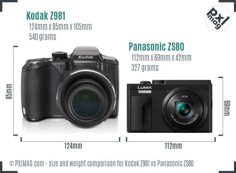 Kodak Z981 vs Panasonic ZS80 size comparison