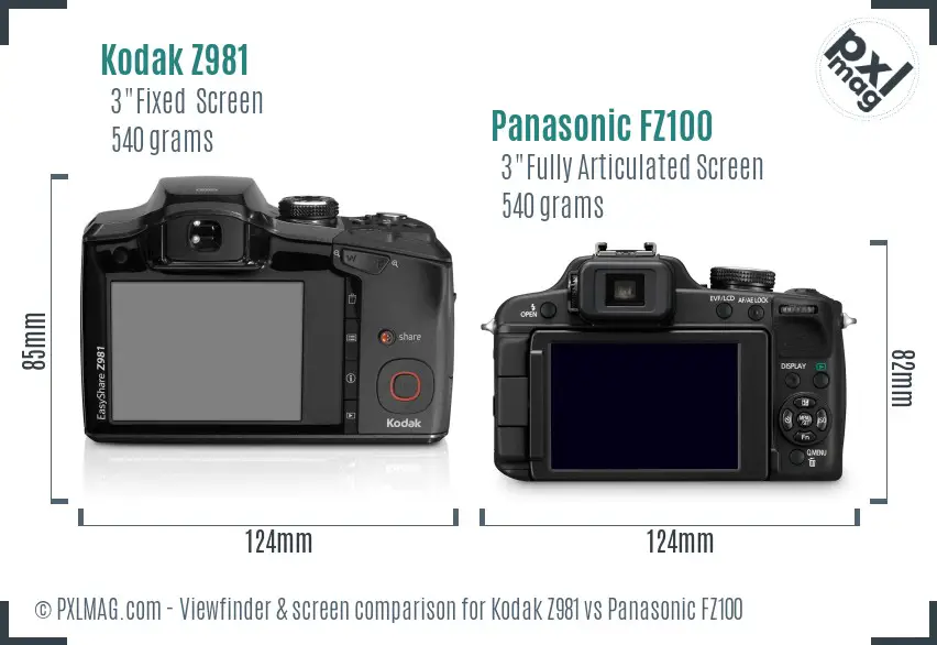 Kodak Z981 vs Panasonic FZ100 Screen and Viewfinder comparison