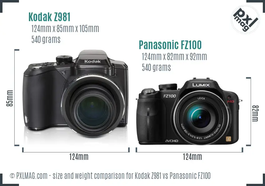 Kodak Z981 vs Panasonic FZ100 size comparison
