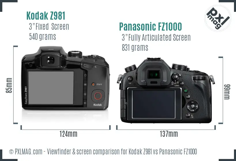 Kodak Z981 vs Panasonic FZ1000 Screen and Viewfinder comparison