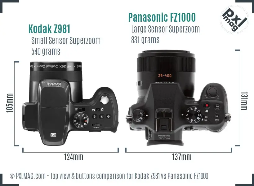 Kodak Z981 vs Panasonic FZ1000 top view buttons comparison