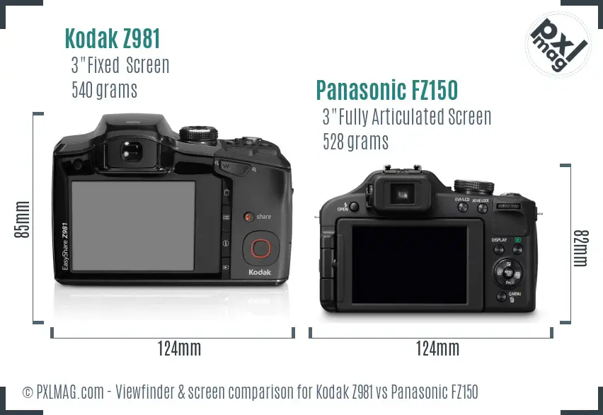 Kodak Z981 vs Panasonic FZ150 Screen and Viewfinder comparison
