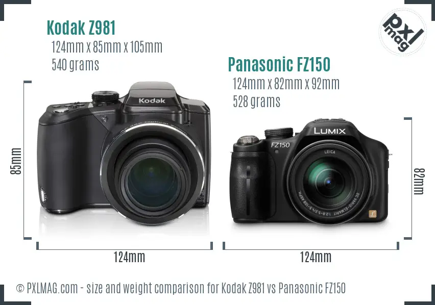 Kodak Z981 vs Panasonic FZ150 size comparison