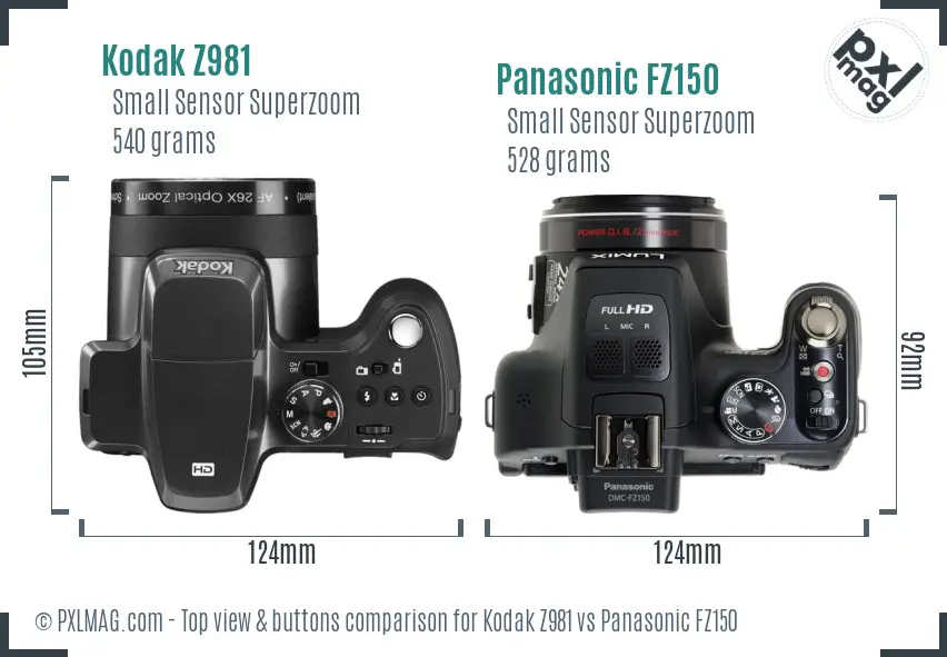 Kodak Z981 vs Panasonic FZ150 top view buttons comparison