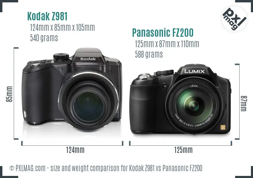 Kodak Z981 vs Panasonic FZ200 size comparison