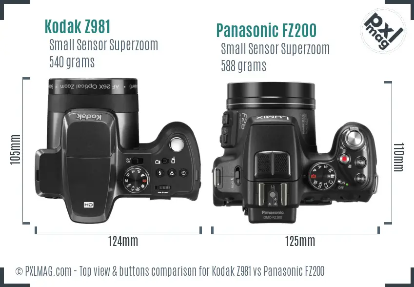 Kodak Z981 vs Panasonic FZ200 top view buttons comparison