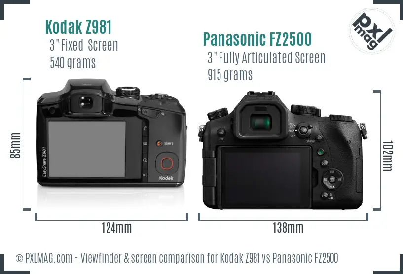 Kodak Z981 vs Panasonic FZ2500 Screen and Viewfinder comparison