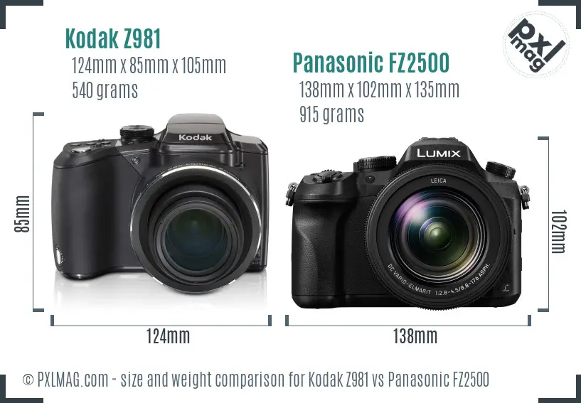 Kodak Z981 vs Panasonic FZ2500 size comparison