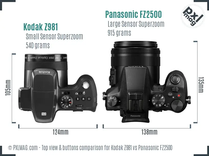 Kodak Z981 vs Panasonic FZ2500 top view buttons comparison