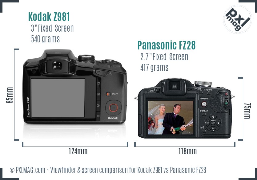 Kodak Z981 vs Panasonic FZ28 Screen and Viewfinder comparison