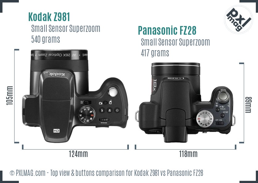 Kodak Z981 vs Panasonic FZ28 top view buttons comparison