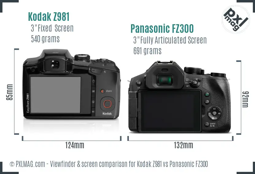Kodak Z981 vs Panasonic FZ300 Screen and Viewfinder comparison