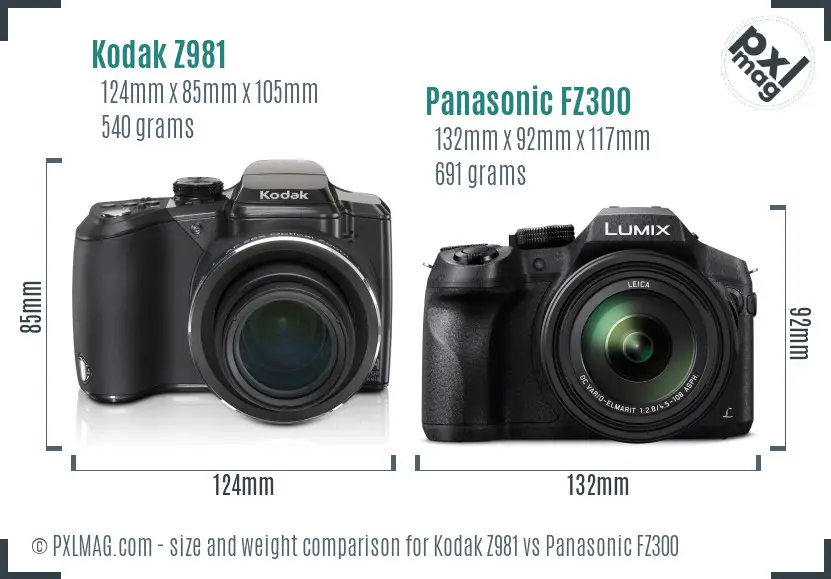 Kodak Z981 vs Panasonic FZ300 size comparison