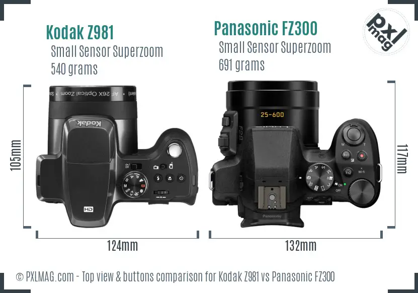 Kodak Z981 vs Panasonic FZ300 top view buttons comparison